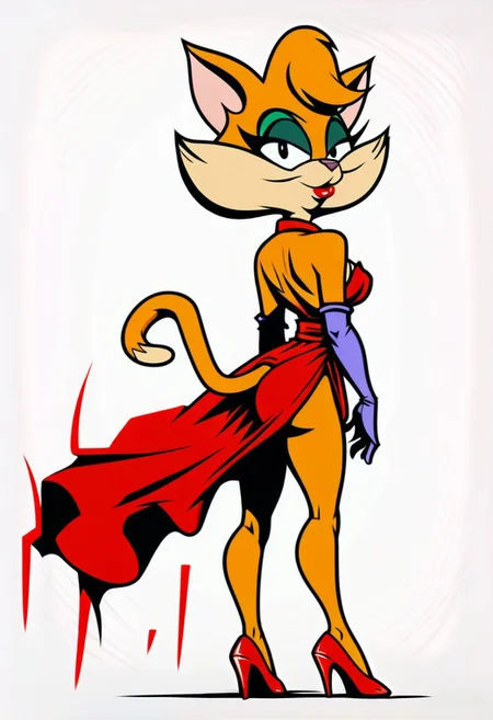 score_9, score_8_up, score_7_up, score_6_up, score_5_up, score_4_up, retro artstyle, BREAK
Tabitha_Fantomcat,cat girl,short hair,1girl, solo, dress, makeup,cat tail, furry, furry female,black eyes, high heels, gloves, elbow gloves, red dress, eyeshadow, backless dress, white background, backless outfit,short hair, animal ears, breasts, simple background, red footwear, purple gloves, looking at viewer, lipstick, full body, looking back, ass, standing, bare shoulders
<lora:tabitha-v1:1>