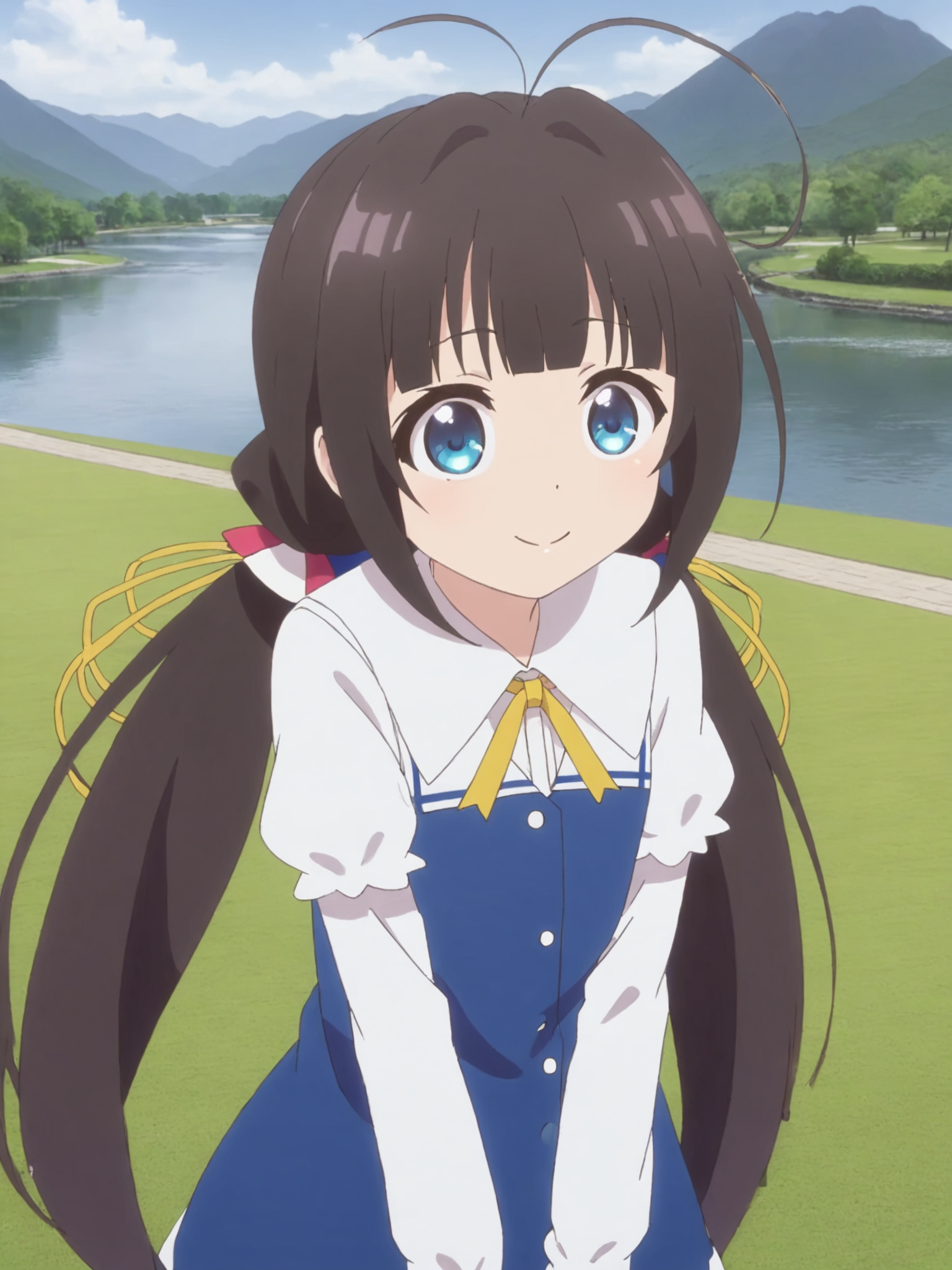 1girl,blue eyes,looking at viewer,black hair,hair ribbon,hinatsuru ai,indoors,looking at viewer,low twintails,school_uniform_dress,solo,white short over long sleeves,white sleeves,yellow ribbon,ahoge,park,grass,river,mountain,smile,,<lora:Hinatsuru ai[winter]-SDXL-lora-2024.10.20-version1-000033:0.55>,