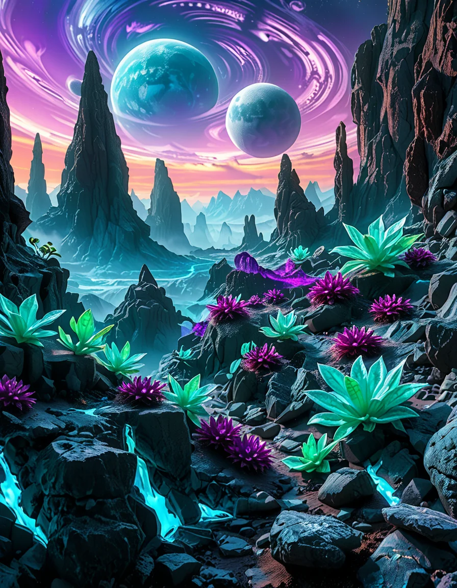 A breathtaking, high-resolution photograph of an alien planet with a surreal and otherworldly landscape. The sky is filled with two massive moons, casting an eerie glow over the terrain. Jagged rock formations, covered in bioluminescent moss, stretch across the horizon, glowing in shades of blue and purple. Strange, twisted plants with translucent leaves and pulsating veins grow from the cracked, iridescent soil. In the distance, towering crystalline mountains shimmer under the light of a distant red sun, their peaks enveloped in a misty, ethereal haze. The air is thick with floating luminescent spores, drifting like tiny fireflies. Rivers of liquid metal carve through the landscape, reflecting the vibrant alien sky. The atmosphere is a mix of neon blues, purples, and greens, creating a mesmerizing and futuristic scene, as if taken from the surface of a newly discovered exoplanet.
<lora:SDXLFaeTastic2400:0.4> <lora:extremely_detailed:0.4> extremely detailed,<lora:alien_pl4n3t:1>,alien pl4n3t