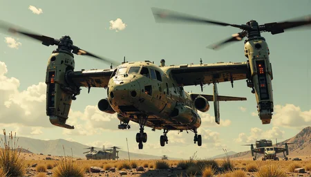 a_skynet_cyberdyne_systems_craft, the image is featuring a sleek military V-22 Osprey midair in camouflage armor, highly advanced industrial look, <lora:DarkCore-000003.safetensors:1.0>, <lora:ck-skynet-000019.safetensors:1.0>, <lora:Luminous_Shadowscape-000016.safetensors:0.5>,