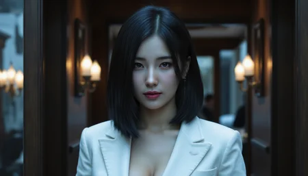 digital portrait of a asian woman with dark long hair, in a white classic suit, she is in a dark room with colored highlights, blurs, abstractions, cinematic shades and drama The effect of abstraction - yaiwrk
