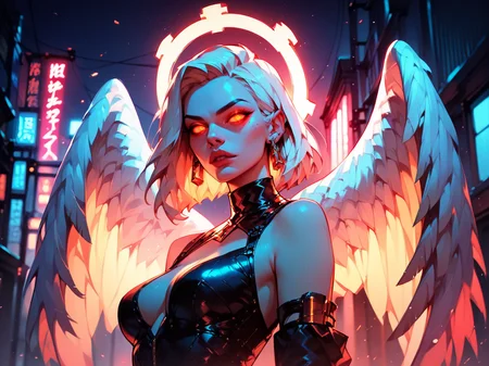 score_9, score_8_up, score_7_up, score_6_up, score_5_up,   <lora:g0th1c2XLP:1> g0th1c, glowing eyes, neon lights, angel, 1girl,