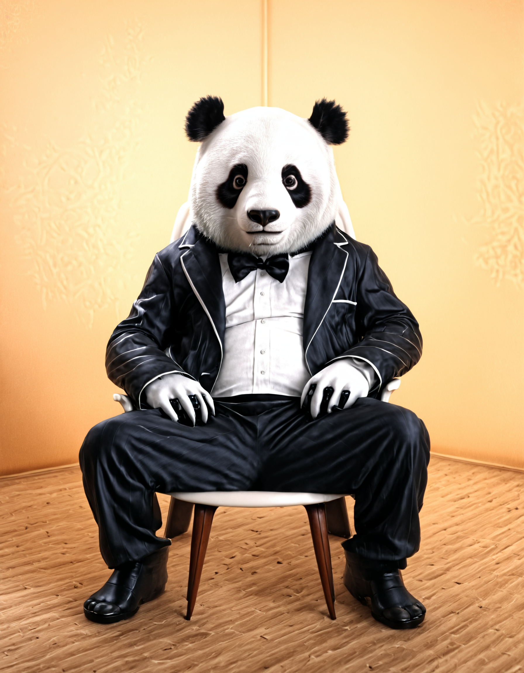 Skin Textures, High Resolution, High-Resolution Image, Cinematic, detailerlora, panda, sitting on chair, nerd