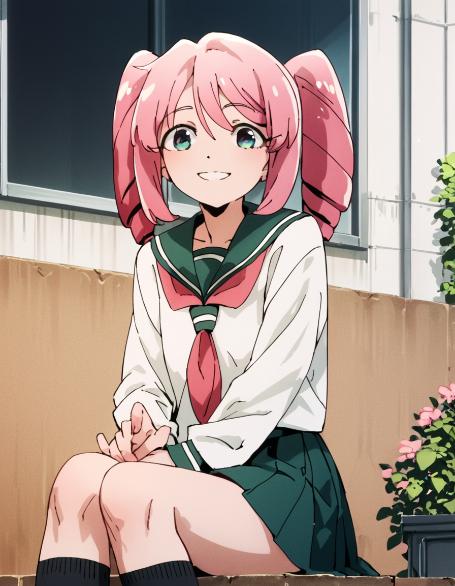 score_9, score_8_up, score_7_up, score_6_up, score_5_up, score_4_up, source_anime, , Haruka, solo, , school uniform, sitting, smile
