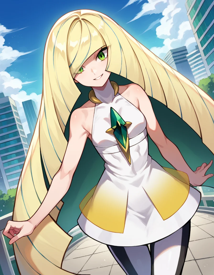 score_9, score_8_up, score_7_up, source_anime,
pokemonlusamine, <lora:pokemon-lusamine-ponyxl-lora-nochekaiser:1>
pokemonlusamine, blonde hair, green eyes, hair over one eye, long hair, multicolored hair, streaked hair, very long hair, smile,
bare arms, diamond \(shape\), dress, gem, green gemstone, leggings, short dress, sleeveless, sleeveless dress, white dress, white leggings,
outdoors, cityscape,
looking at viewer, dutch angle, cowboy shot,