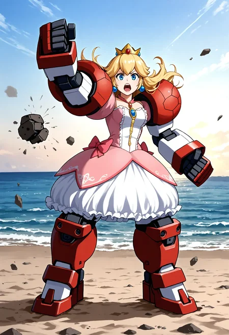 <lora:Hyper-SDXL-8steps-lora:1> <lora:Fixhands_anime_bdsqlsz_V1:1> zPDXL2, score_9, score_8_up, score_7_up, source_anime, intricate details, perfect anatomy BREAK
outdoors, beach, expressionless, 1girl, solo, fighting stance, angry, screaming, punching,
<lora:GAGE-titus_XL(pony)v10:1> GAGE-titus, mecha musume, red shoulder armor, mechanical arms, mechanical legs, (faceless female:-1),
princess peach, (mario \(series\):0.8), blonde hair, blue eyes,