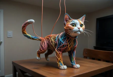 end_tripwire_morph, no humans, jumping cat made out of wire and electrical cables, adorable, kawaii, cute, tail, cute, neon, wires, made of wires, cables, outlined with wires and neon, neon outlines, wire sculpture, neon wire sculpture,
Environment/ place: inside museum