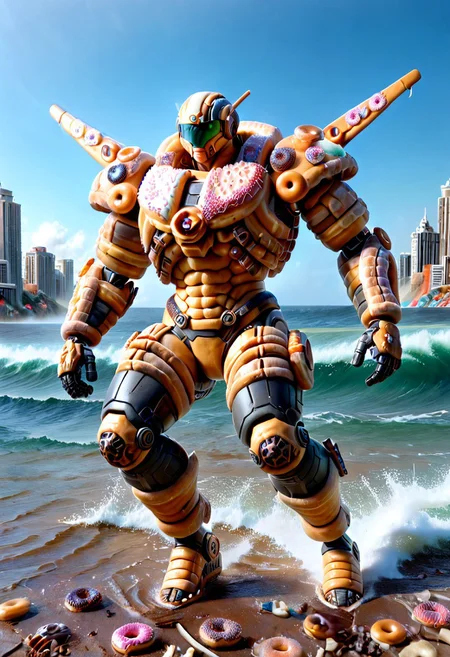 d0nu71f13d, made of doughnuts, Heavy Mech, Cyborg, Robot, Power Armor, Tactical, Advanced Gear, Power Suit, Exoskeleton, Advanced Gear, Futuristic, action shot, easynegative, ninja mech running away from a massive tsunami wave of coffee, mech running through a city, surrounded my donut building, a tsunami wave towering in background, tsunami wave of coffee, wave towering over buildings