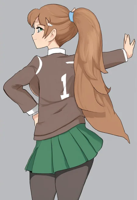 ddlcmonika, blunt bangs, brown hair, green eyes, long hair, ponytail, ribbon, white ribbon, hair ribbon, sidelocks, smile, black thighhighs, blue skirt, brown jacket, jacket, long sleeves, mary janes, over-kneehighs, pleated skirt, school uniform, shoes, skirt, thighhighs, zettai ryouiki, indoors, classroom, looking to the left
hand on hip, outstretched arms, ass, big ass, huge ass, (STRIKERSPEACHMEME), from behind
score_7_up, score_8_up
score_9, score_8_up, score_7_up, source_anime, ddlcmonika, <lora:ddlc-monika-ponyxl-lora-nochekaiser:1>
1girl <lora:Strikers_Peach_Pose:1>