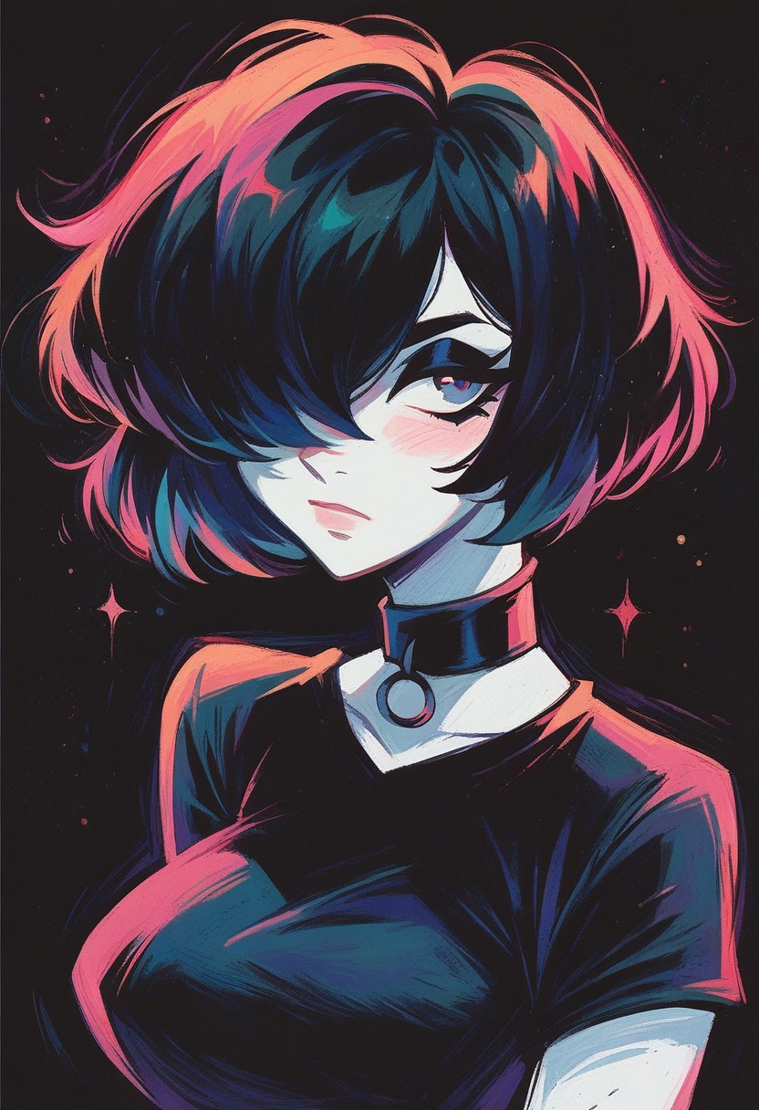 score_9, score_8_up, score_7_up,  pastels drawing, pale white skin:1.3, gothic, choker, medium breasts, latex top, white skin, black hair, black background, adult, short hair, hair over eye, black eyeshadow