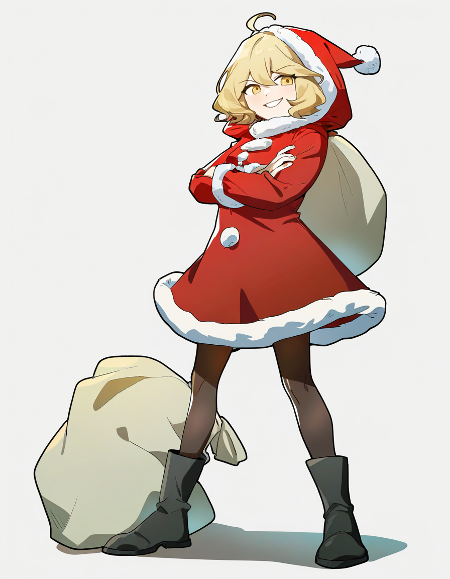 lamiya,anotherstyle,1girl,solo,blonde hair,crossed arms,yellow eyes,santa costume,grin,smile,pantyhose,boots,full body,ahoge,hat,fur trim,hood,christmas,white background,<lora:lamiya_noob>,
masterpiece,best quality,very aesthetic,absurdres,