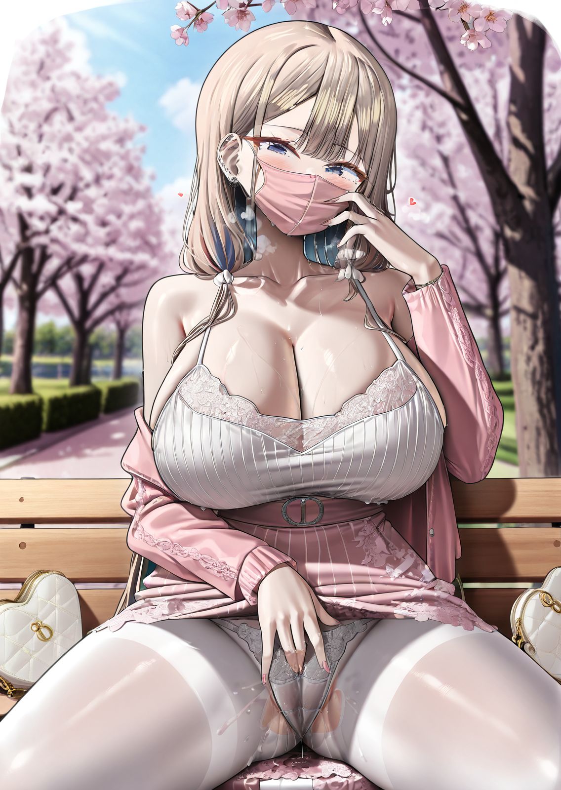 masterpiece,best quality,amazing quality,very aesthetic,absurdres,newest, huge filesize,
<lora:spo_sdxl_10ep_4k-data_lora_webui:0.5>,official art,
<lora:add-detail-xl:1>
spread legs,  sexy panties, fingering, pussy juice, heavy breathing, mask pull,  (one hand on mask:1.2),
<lora:KUSE_style:0.8> kuse, half  long hair, 
1girl,kuse, pink mouth mask, sitting,  park, white dress, Blurred Background,
breasts,light brown hair,  white camisole, Vertical-striped camisole,
blue eyes, open jacket, bare shoulders,  ,white heart bag,
skirt,  cherry blossoms, tree,  pink jacket, looking at viewer,
lace print skirt,pink skirt,  huge breasts,
mole,jewelry,white pantyhose,
bangs,k_white,
Without a hairband,
No hair ties,
Without hair accessories,
No ribbons or bands in the hair,
Without any headbands or ties.