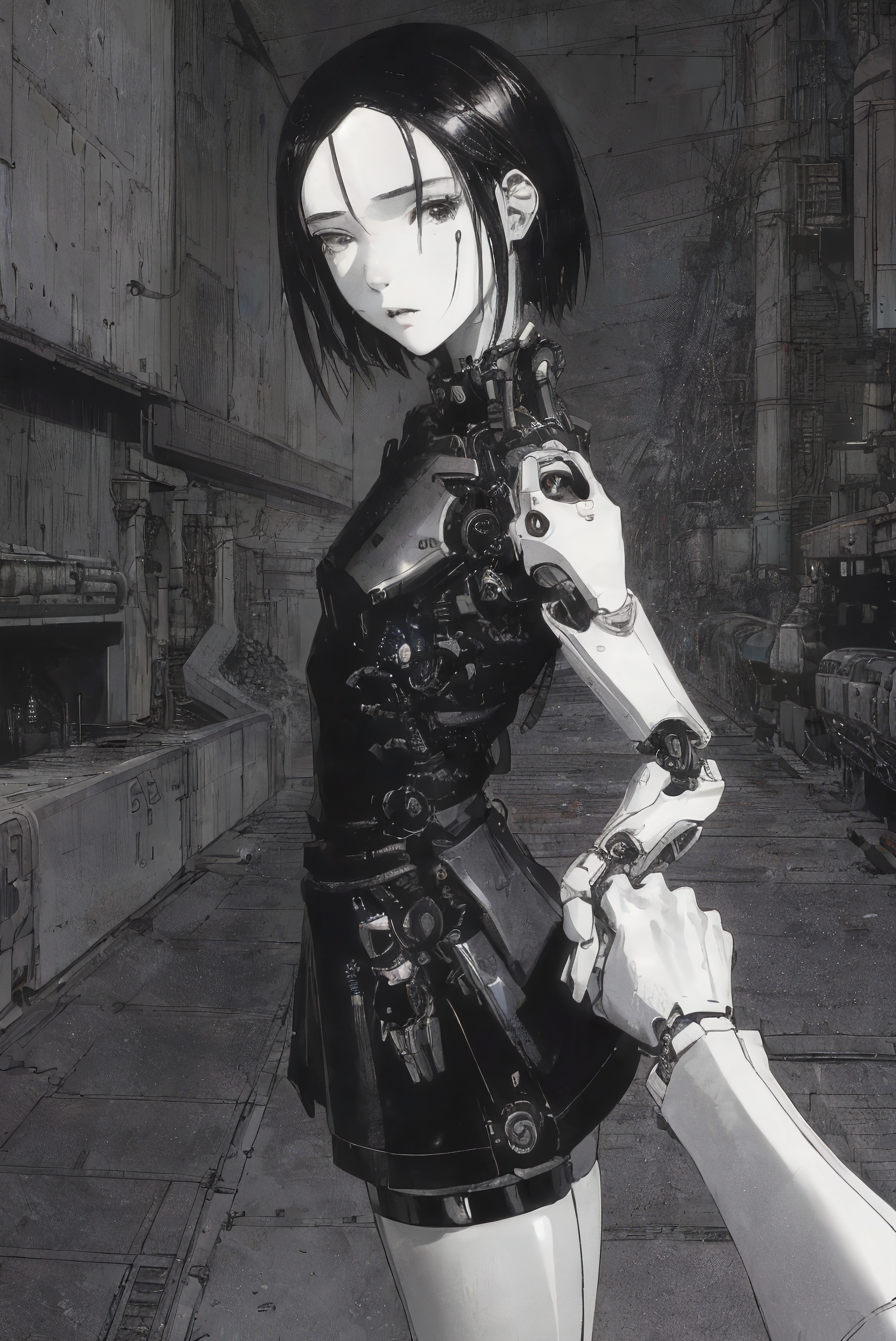 1girl, sanakan (safeguard), safeguard, silicon life, (highly detailed face:1.3), small breasts, short dark hair, thin lips, emotionless, (mechanical parts, cables:1.2), short dark skirt, dark vest, white legs, white hands, white skin, highly detailed, best quality, cinematic lighting, sharp focus, POV, body bend, head tilt, vast scenery, city ruins,  IncrsHoldingHandsPov, holding hands, pov hands, from side, from behind, (highly detailed hands:1.3)