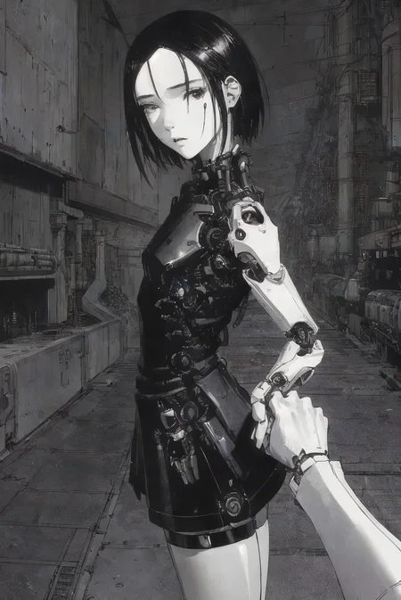 1girl, sanakan (safeguard), safeguard, silicon life, (highly detailed face:1.3), small breasts, short dark hair, thin lips, emotionless, (mechanical parts, cables:1.2), short dark skirt, dark vest, white legs, white hands, white skin, highly detailed, best quality, cinematic lighting, sharp focus, POV, body bend, head tilt, vast scenery, city ruins, IncrsHoldingHandsPov, holding hands, pov hands, from side, from behind, (highly detailed hands:1.3)