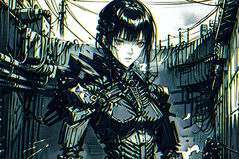 highly insanely detailed, masterpiece, top quality, best quality, highres, 4k, 8k, RAW photo, (very aesthetic, beautiful and aesthetic),  
tsutomu nihei,nihei_tsutomu,blame!,blame gakuen!,abara,TNstyle,sidonia_no_kishi,gauna,gauna mech,ventilation fan,ventilation shaft,buildings,wire,bones,bridge,toha heavy industries,dome,steam,foggy,fog,smoke,mist,letterboxed,dark sky,black sky,air conditioner,drainpipe,light particles,tentacles,cables,tubes,industrial pipes,fence,concrete walls,metal walls,biomachine,bioluminescence,empty,no human,dark background, 
<lora:ABARA:0.5>, 
(1girl:1.3), 
solo focus, 
rich red background,âââ