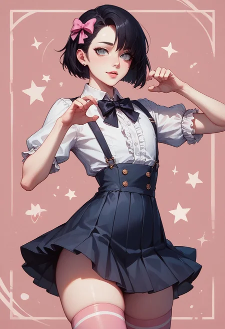 score_9, score_8_up, score_7_up, 1boy, femboy, otoko no ko, short hair, bob cut hair, black hair, grey eyes, gray eyes, feminine face, toned body, Shelly, white blouse, pink mini skirt, pink mini-skirt, thighhighs, pink thighhighs, hair bow, highly detailed, intricate, zzCitronCAT, cute pose, modelshoot, abstract background, cowboy shot, solo