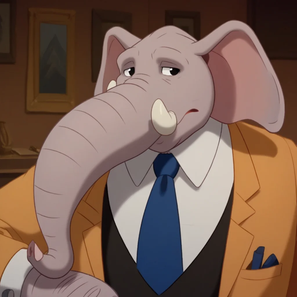 score_8_up, BREAK, Woolie, solo, 1boy, anthro, black eyes, elephant ears, suit, long sleeves, necktie, upper body, <lora:Woolie_PXL_Leaf1:0.8>