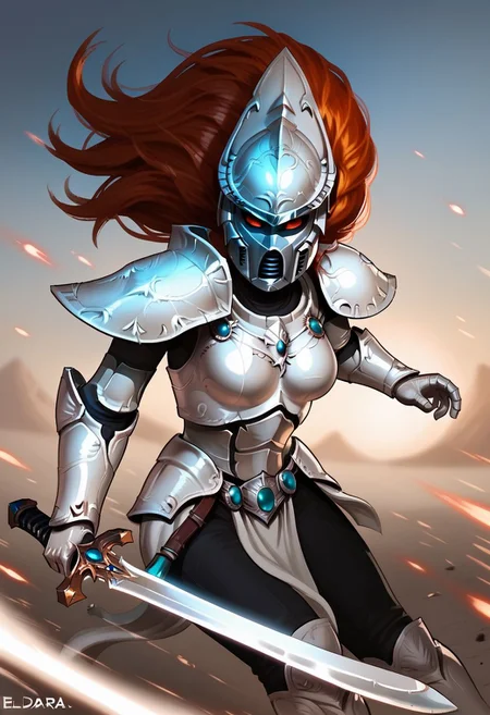 1girl, solol, eldar, redhead, white armor, dynamic pose, sword, helmet
