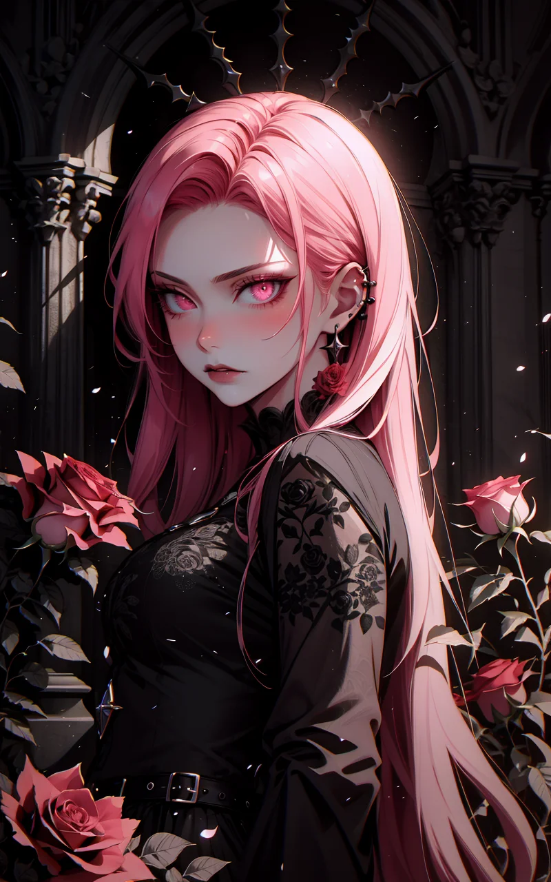 mysterious woman with pink hair, holding a sword, surrounded by red roses, gothic attire, dark romantic atmosphere, intricate details, high contrast, hyper-realistic, somber expression, dramatic lighting, deep shadows, high-definition, elegant, melancholic mood, cinematic, ornate design
<lora:G_G2.0:1> Goth girl, Goth girl 1girl