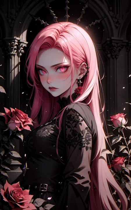 mysterious woman with pink hair, holding a sword, surrounded by red roses, gothic attire, dark romantic atmosphere, intricate details, high contrast, hyper-realistic, somber expression, dramatic lighting, deep shadows, high-definition, elegant, melancholic mood, cinematic, ornate design
<lora:G_G2.0:1> Goth girl, Goth girl 1girl