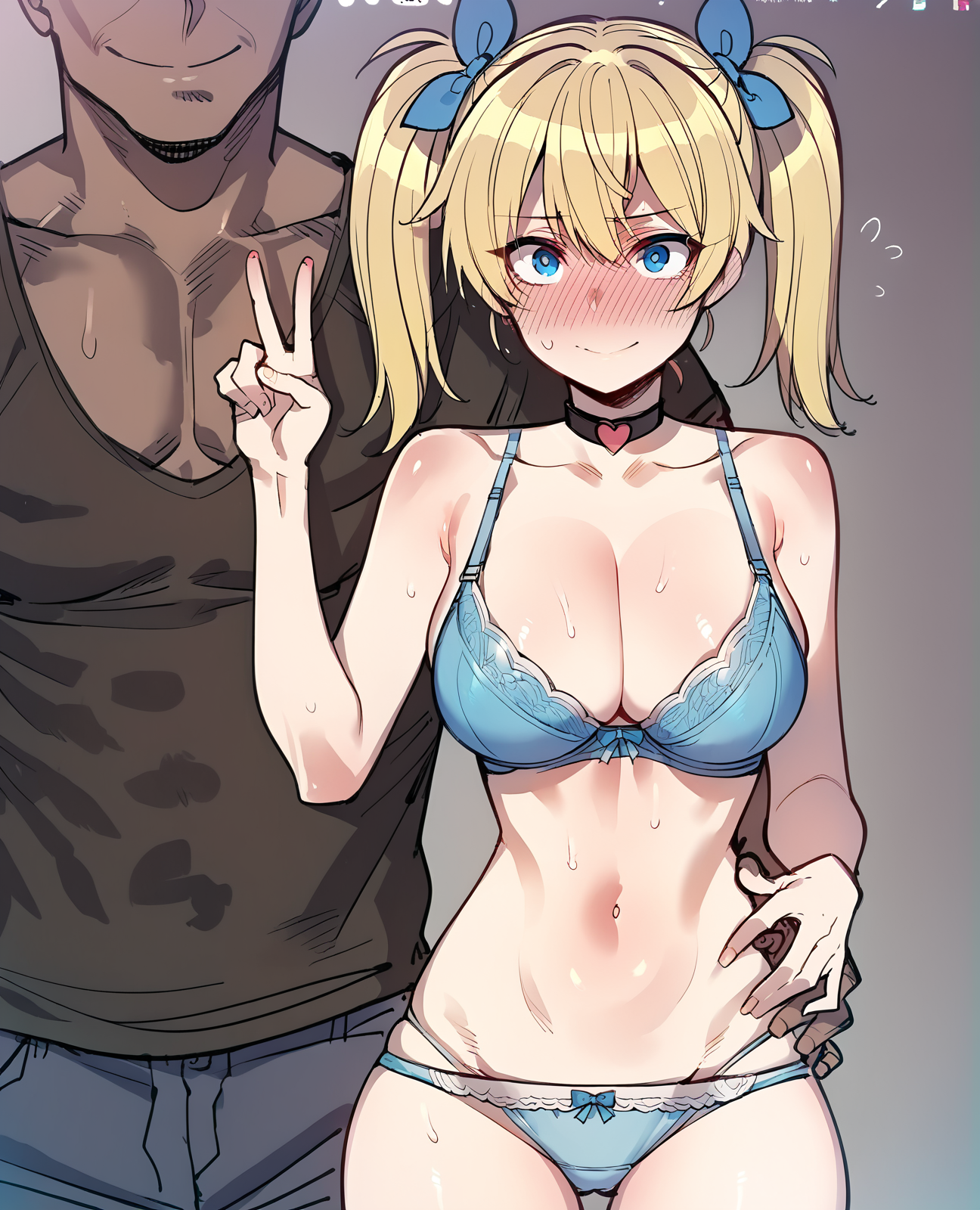 score_9, score_8_up, score_7_up, source_cartoon, BREAK  1girls, 1boy, (Bubbles (Powerpuff girls), blonde hair, pigtails, blue eyes), looking at viewer, breasts, cleavage, cowboy shot, choker, smile, blush, bare shoulders, bare arms, bra, panties, underwear, bedroom, navel, collarbone, peace sign, <lora:Adult_Powerpuff_Girls:0.8>, hetero, <lora:Ratatatat74_Style_v2:0.8>, faceless male, muscular male, hand on another's waist, sweat, embarrassed, netorare, cheating (relationship), dark-skinned male, rating_questionable