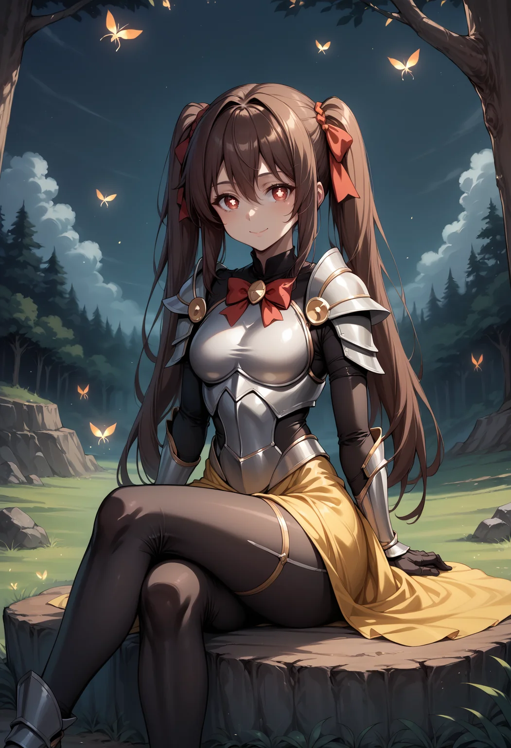 score_9, score_8_up, score_7_up, source_anime, 1girl, solo, looking at viewer, HuTao_DskFll, long hair, brown hair, hair between eyes, twintails, sidelocks, (konosuba:0.85), (darkness \(konosuba\):0.85), outdoors, forest, nature, tree, sitting, crossed legs, red eyes, symbol-shaped pupils, boobplate, bow, bowtie, red bow, red bowtie, red ribbon, ribbon, armored dress, black bodysuit, bodysuit, long dress, armor, breastplate, pauldrons, shoulder armor, turtleneck, white armor, yellow dress, grass, night, night sky, rock, sitting on rock, fireflies, light smile, closed mouth