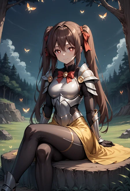 score_9, score_8_up, score_7_up, source_anime, 1girl, solo, looking at viewer, HuTao_DskFll, long hair, brown hair, hair between eyes, twintails, sidelocks, (konosuba:0.85), (darkness \(konosuba\):0.85), outdoors, forest, nature, tree, sitting, crossed legs, red eyes, symbol-shaped pupils, boobplate, bow, bowtie, red bow, red bowtie, red ribbon, ribbon, armored dress, black bodysuit, bodysuit, long dress, armor, breastplate, pauldrons, shoulder armor, turtleneck, white armor, yellow dress, grass, night, night sky, rock, sitting on rock, fireflies, light smile, closed mouth