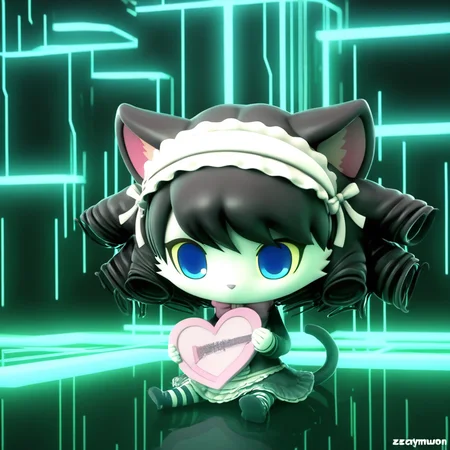 masterpiece, best qualify, zzcyanmyuumon, blue eyes, cat ears, animal ears, furry, black hair, 1girl, solo, furry female, tail, hairband, cat tail, cat girl, holding, cat, parody, no humans, bow, animalization, drill hair, long sleeves, dress, chibi, signature, two-tone fur, sitting, hairband, maid headdress, animal nose,