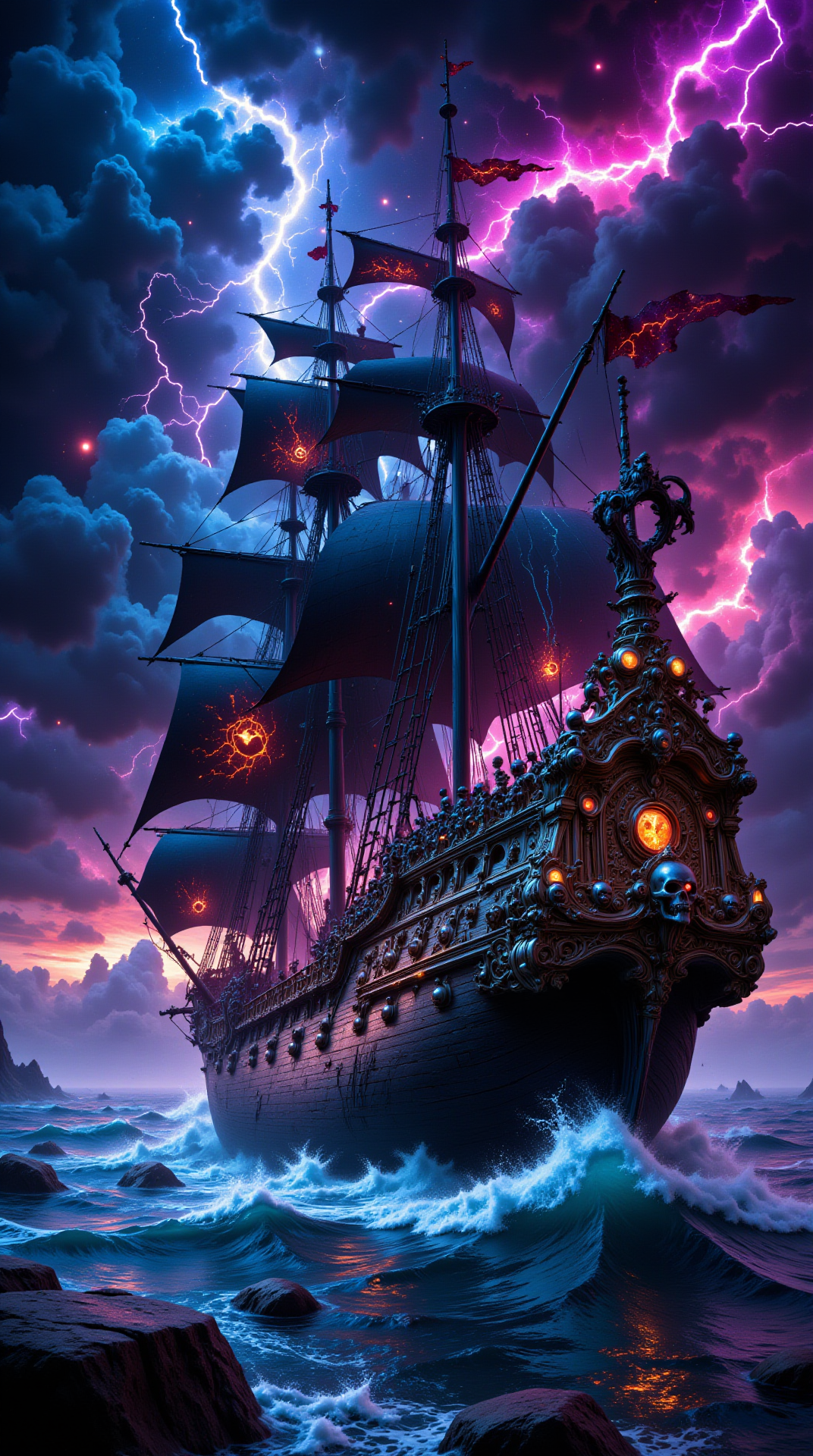 side view of a digital artwork depicting a fantastical pirate ship amidst a dramatic storm in a cosmic setting. The ship is a large, ornate galleon with a deep black hull adorned with intricate skull carvings. Its massive, dark black sails crackle with vivid electric blue and red lightning bolts, emitting an otherworldly glow. The storm rages in the background with swirling, chaotic clouds blending vibrant cosmic hues of purple, blue, and black. Bright streaks of lightning illuminate the scene, highlighting the ship as it cuts through towering waves on a tumultuous sea. newfantasycore

