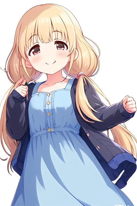 futaba anzu, 1girl, blonde hair, blue dress, blunt bangs, blush, collarbone, dress, dutch angle, jacket, jacket partially removed, light smile, looking at viewer, simple background, solo, twintails, white background, yellow jacket, low twintails, very long hair
<lora:deresute-000016:1>