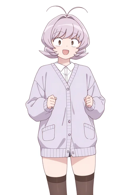 Smooth Quality,masterpiece,very intricate, high quality details, ultra realistic, high detailed skin,detailed enviorement,
simple background, white background,front view,:d,
 stockings, ,pullover,,cardigan,  , <lora:Osana_Najimi_cnn:0.8> osananajimicnn, 1other,short hair, brown eyes, antenna hair, androgynous, light purple hair,
