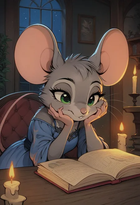 score_9, score_8_up, score_8, (solo), (solo:2), (fluffy:0.8), (feral), indoors, furry, (((mouse))), female, green eyes, grey fur, grey ears, claws, (fluffy cheeks:0.4), (blue dress), cute, in the style of beatrix potter, cel-shading, fca style, sitting, night, candlelight, reading, (bored expression, tired expression), sleepy, head in hand, (upper body shot), (look down:1.3)