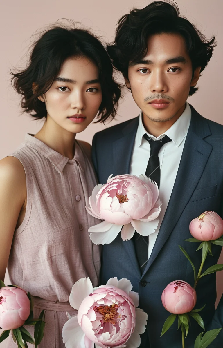 masterpiece,best quality,<lora:tbh69-sdxl:0.6>,illustration ,A style of two person group photo decaying peonies