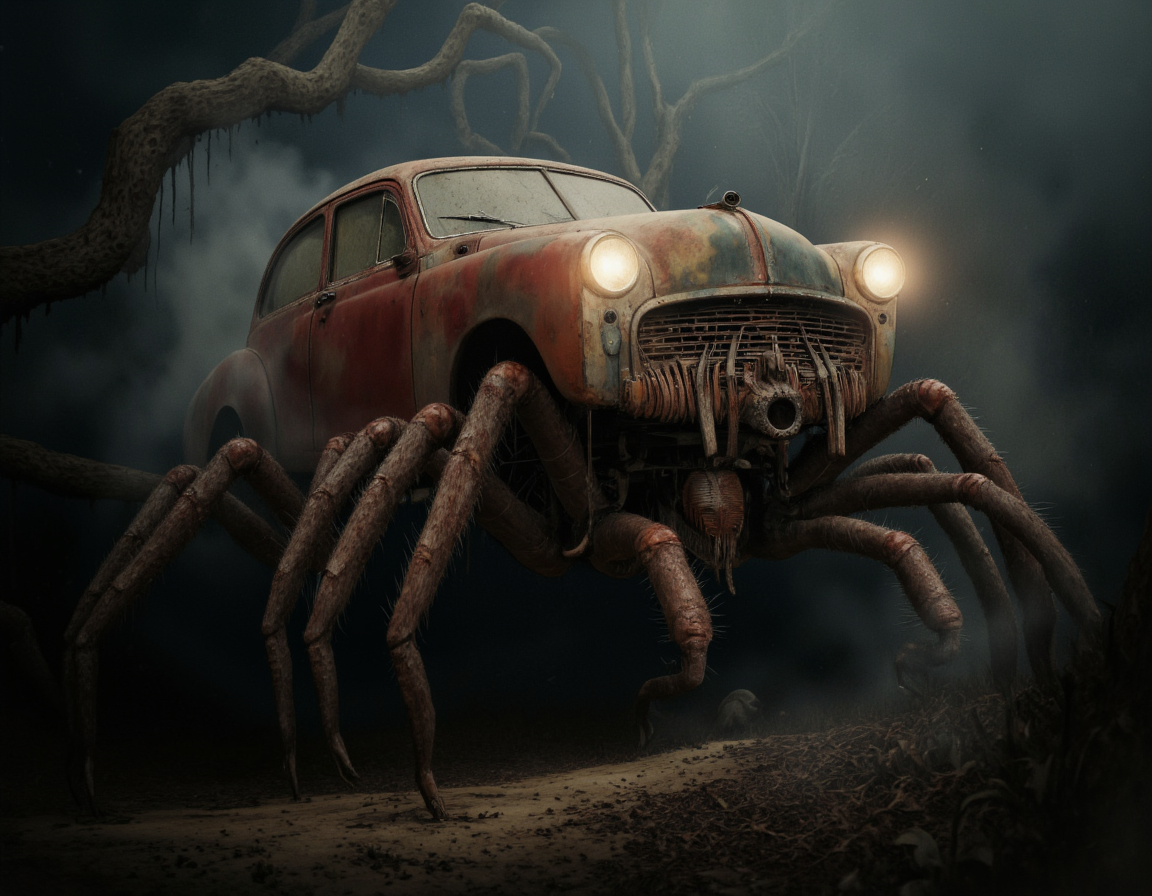 <lora:Oddart:0.8> oddart, A hauntingly surreal photograph depicting a creepy, vintage car with a rusted, metallic body, but instead of wheels, it has eight long, spindly spider legs protruding from its underside, as if the vehicle has been transformed into a living, arachnid creature. The car's body is a deep, blood-red color with faded, peeling paint, and its windows are cracked and cloudy, giving it a menacing, abandoned appearance. The spider legs are a dark, mottled brown and are covered in fine, wispy hairs, with sharp, hook-like claws at the tips, which dig into the damp, earthen ground. The car's headlights glow with an eerie, otherworldly light, casting an unnatural, pulsing glow over the surrounding environment. The lighting is dim and foreboding, with deep, ominous shadows cast by the car's twisted, nightmarish form. The atmosphere is heavy with mist and fog, which swirls around the car's legs like a living, ethereal entity. The scene is set in a dark, abandoned forest, with twisted, gnarled trees looming in the background, their branches like skeletal fingers reaching towards the sky. The shot is a wide-angle, low-angle shot, looking up at the car from a worm's-eye view, which emphasizes its monstrous, unnatural appearance. The image features a shallow depth of field, with the car and its spider legs sharply in focus, while the background is softly blurred, adding to the overall sense of unease and disorientation. The texture is hyper-detailed, with every rust spot, scratch, and hair on the spider legs visible, and the rendering style is photorealistic, making the impossible, dreamlike scenario feel disturbingly real. The overall mood is one of creeping, existential dread, as if the car is a harbinger of some ancient, eldritch horror, and the image is a window into a dark, twisted realm that defies the laws of nature and reality. . 35mm photograph, film, bokeh, professional, 4k, highly detailed