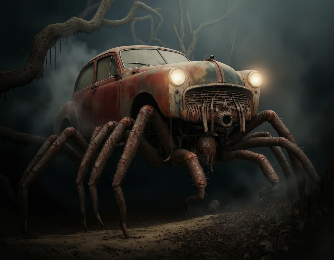 <lora:Oddart:0.8> oddart, A hauntingly surreal photograph depicting a creepy, vintage car with a rusted, metallic body, but instead of wheels, it has eight long, spindly spider legs protruding from its underside, as if the vehicle has been transformed into a living, arachnid creature. The car's body is a deep, blood-red color with faded, peeling paint, and its windows are cracked and cloudy, giving it a menacing, abandoned appearance. The spider legs are a dark, mottled brown and are covered in fine, wispy hairs, with sharp, hook-like claws at the tips, which dig into the damp, earthen ground. The car's headlights glow with an eerie, otherworldly light, casting an unnatural, pulsing glow over the surrounding environment. The lighting is dim and foreboding, with deep, ominous shadows cast by the car's twisted, nightmarish form. The atmosphere is heavy with mist and fog, which swirls around the car's legs like a living, ethereal entity. The scene is set in a dark, abandoned forest, with twisted, gnarled trees looming in the background, their branches like skeletal fingers reaching towards the sky. The shot is a wide-angle, low-angle shot, looking up at the car from a worm's-eye view, which emphasizes its monstrous, unnatural appearance. The image features a shallow depth of field, with the car and its spider legs sharply in focus, while the background is softly blurred, adding to the overall sense of unease and disorientation. The texture is hyper-detailed, with every rust spot, scratch, and hair on the spider legs visible, and the rendering style is photorealistic, making the impossible, dreamlike scenario feel disturbingly real. The overall mood is one of creeping, existential dread, as if the car is a harbinger of some ancient, eldritch horror, and the image is a window into a dark, twisted realm that defies the laws of nature and reality. . 35mm photograph, film, bokeh, professional, 4k, highly detailed
