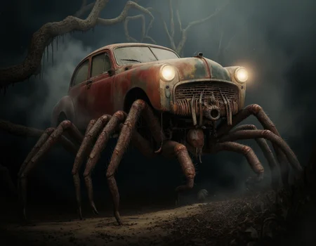 <lora:Oddart:0.8> oddart, A hauntingly surreal photograph depicting a creepy, vintage car with a rusted, metallic body, but instead of wheels, it has eight long, spindly spider legs protruding from its underside, as if the vehicle has been transformed into a living, arachnid creature. The car's body is a deep, blood-red color with faded, peeling paint, and its windows are cracked and cloudy, giving it a menacing, abandoned appearance. The spider legs are a dark, mottled brown and are covered in fine, wispy hairs, with sharp, hook-like claws at the tips, which dig into the damp, earthen ground. The car's headlights glow with an eerie, otherworldly light, casting an unnatural, pulsing glow over the surrounding environment. The lighting is dim and foreboding, with deep, ominous shadows cast by the car's twisted, nightmarish form. The atmosphere is heavy with mist and fog, which swirls around the car's legs like a living, ethereal entity. The scene is set in a dark, abandoned forest, with twisted, gnarled trees looming in the background, their branches like skeletal fingers reaching towards the sky. The shot is a wide-angle, low-angle shot, looking up at the car from a worm's-eye view, which emphasizes its monstrous, unnatural appearance. The image features a shallow depth of field, with the car and its spider legs sharply in focus, while the background is softly blurred, adding to the overall sense of unease and disorientation. The texture is hyper-detailed, with every rust spot, scratch, and hair on the spider legs visible, and the rendering style is photorealistic, making the impossible, dreamlike scenario feel disturbingly real. The overall mood is one of creeping, existential dread, as if the car is a harbinger of some ancient, eldritch horror, and the image is a window into a dark, twisted realm that defies the laws of nature and reality. . 35mm photograph, film, bokeh, professional, 4k, highly detailed