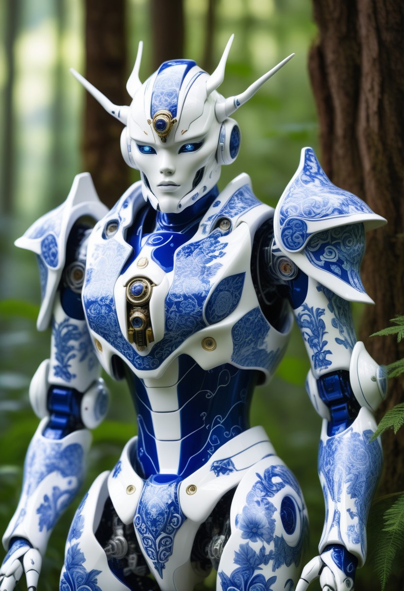 porcelain cyborg mecha in Bluepatternporcelain, detailed calligraphy ornament, 
mountain forest meadow background,
cinematic, ultra realistic, film grain, professional photoshoot,