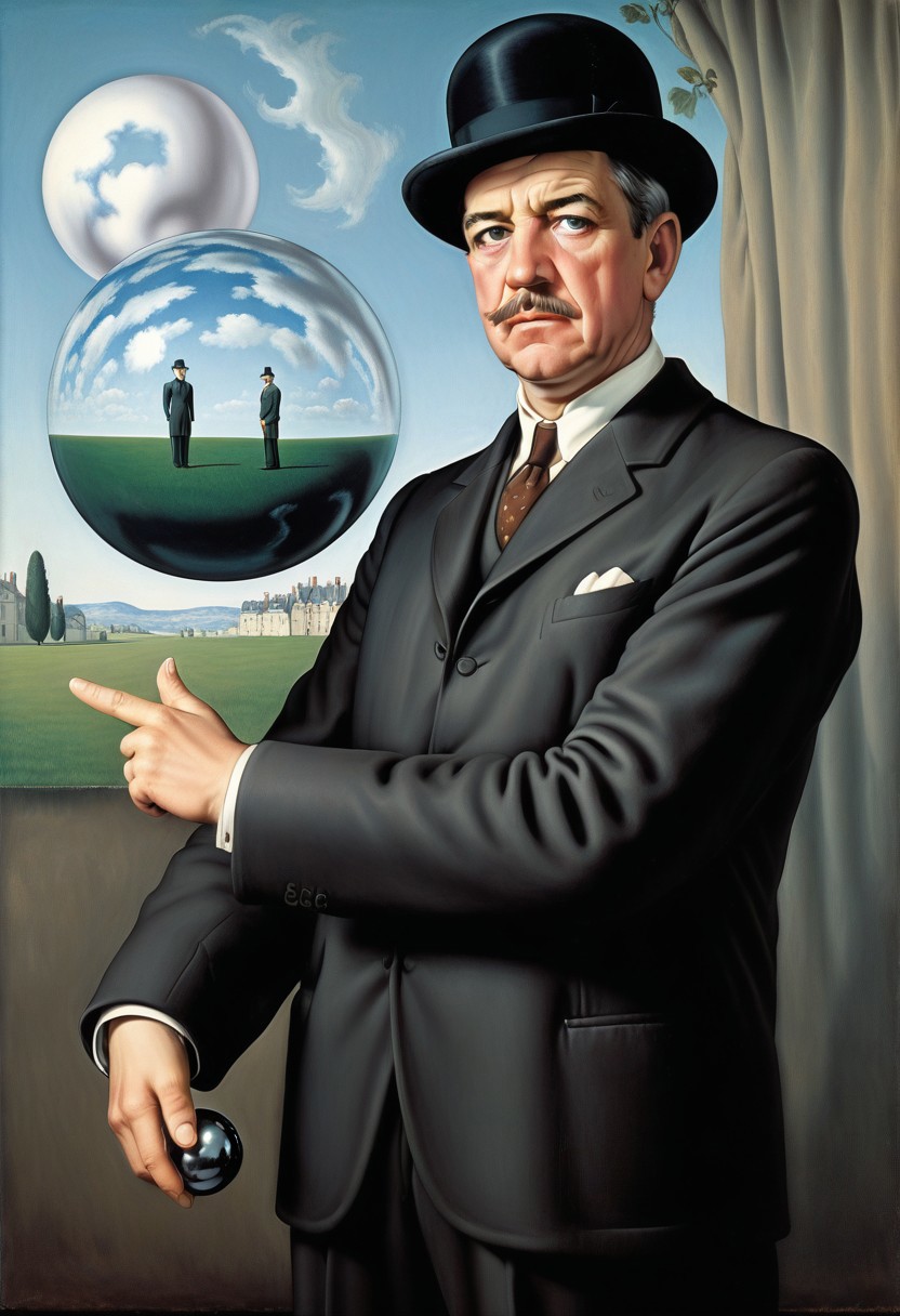 lazympos, rené magritte, pointing at large chrome sphere, looking at viewer, facing viewer, man, bowler hat, moustache, surrealism
