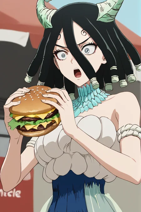 score_9, score_8_up, score_7_up, illustration, source_manga, rating_safe, r3tr0XLP ,<lora:r3tr0XLP:0.7> 1girl, solo, slimes_kirisame, hair between eyes, black hair, dreadlocks, smooth horns, grey eyes , surprised expression, mouth open, shout,  upper body,  <lora:SlimesKirisame:1.0>, break, at a mcdonalds, hands raised, holding a burger