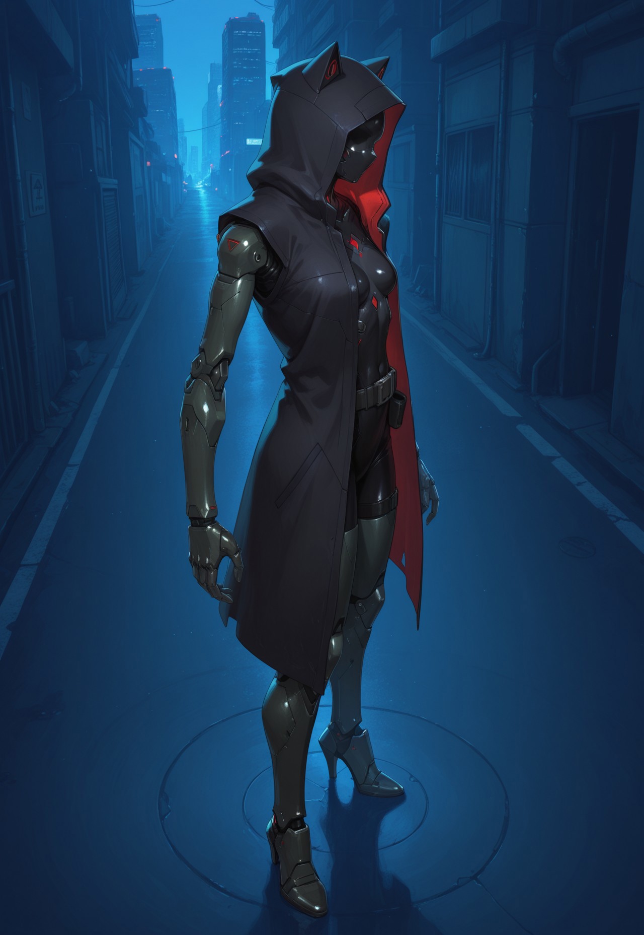 absurdres, masterpiece, best quality, very aesthetic, HDR, 8K, ultra-detailed, anime, 748cmstyle, full body, standing, from above, cyberpunk, cyber city, 

1girl, FelinaFo, solo, cyborg, mask, no eyes, hood up, hooded cloak, mechanical arms, belt, mechanical legs, high heels, shiny skin, (skinny), 


