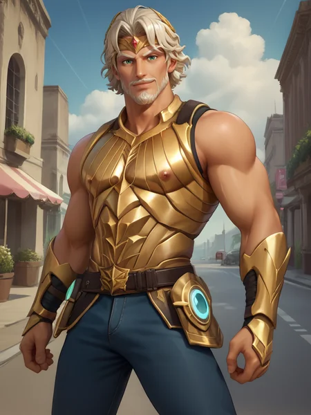 score_9, score_8_up, score_7_up, score_6_up, score_5_up, score_4_up, source_anime , rating_explicit
   city, street, dinamic pose,   <lora:add-detail-xl:1> <lora:Zeus_pony:0.6> 1boy, male focus, light smile, mature male, white hair, green eyes, hair face, beard,mustache, muscular,  olympus, bara,  clouds,  pants, golden armor, looking at viewer,