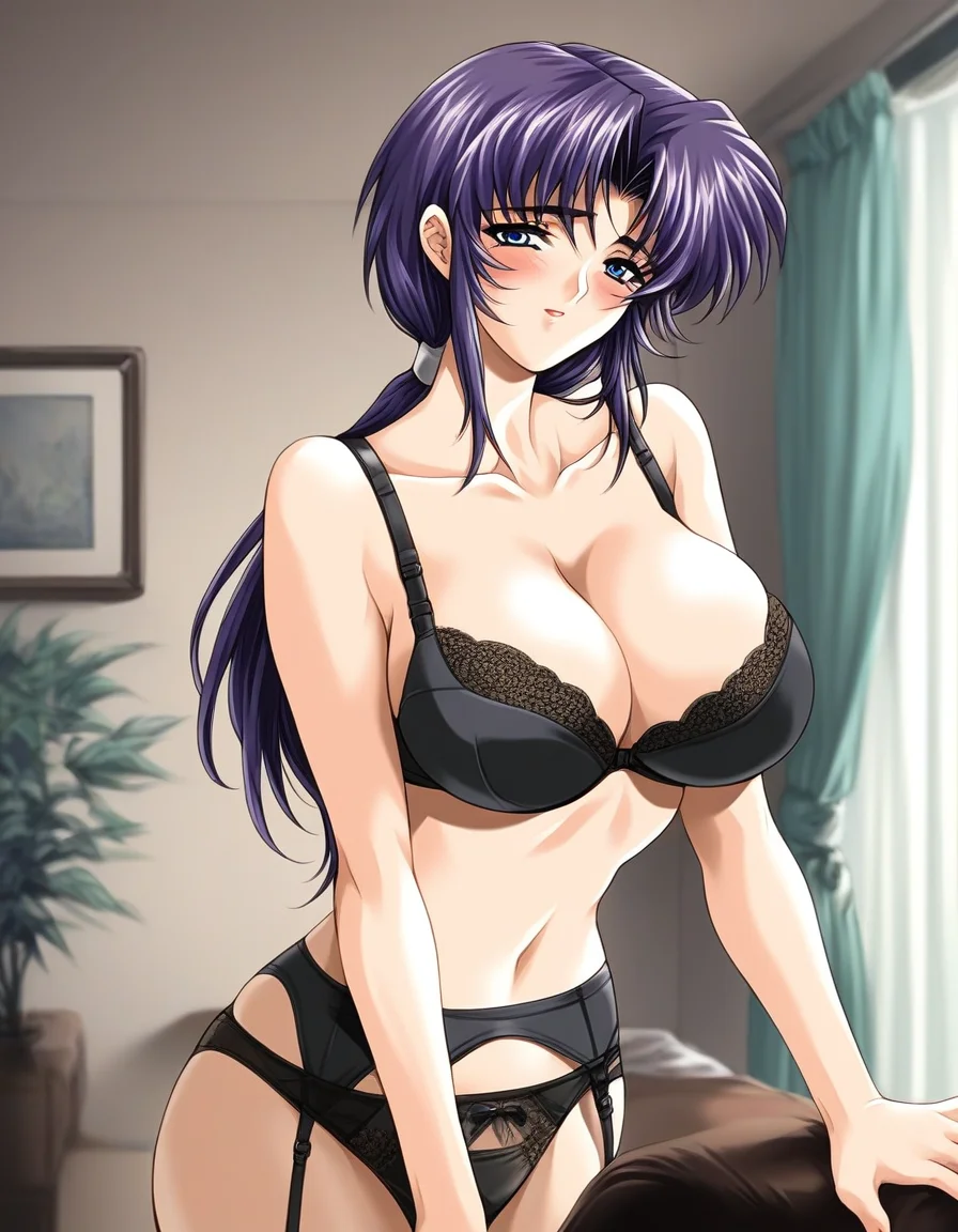 score_9, score_8_up, score_7_up, source_anime, rating_explicit, BREAK <lora:Kanou_Nagisa_XL:1> KanouNagisa, purple hair, blue eyes, large breasts, long hair, low ponytail, mature female, sidelocks,
nderwear only, panties, garter belt, black bra, cleavage, blush,
looking at viewer,
room, curtain, flooring,