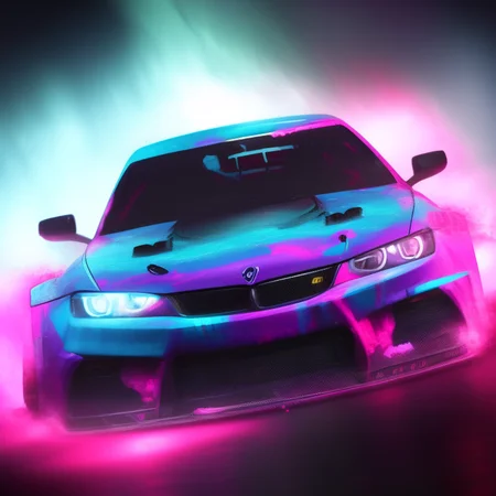 a photo of a blue lamb car with a bright light on it's hood and headlights on it's front, art by carstestv3