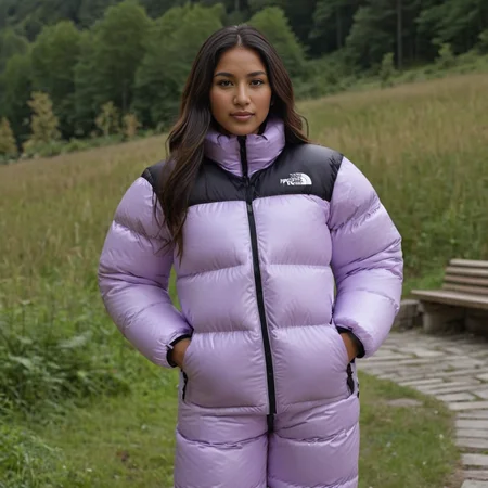 (full body shot) cute two south american short women wearing Ethnic-inspired patterns (Indian, African, Native American) tnf_nuptse jacket and thick puffy double layered tnf_nuptse parkasite downsuit glosssuit, hyperdetailed photography,4k textures,intricate details,4k resolution <lora:pufferdown_tnf_nuptse:0.5>, cinematic still <lora:Parkasite_XL-000010:0.6>