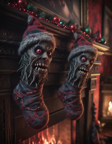 Horror-themed cinematic film still, christmas stocking monsters hanging on fireplace mantel, christmas tree and stockings, dynamic lighting, photorealistic dark fantasy concept art, trending on art station, stunning visuals, creative, cinematic, ultra detailed, scary art, monster high budget, bokeh, cinemascope, moody, epic, gorgeous, film grain, grainy . Eerie, unsettling, dark, spooky, suspenseful, grim, highly detailed