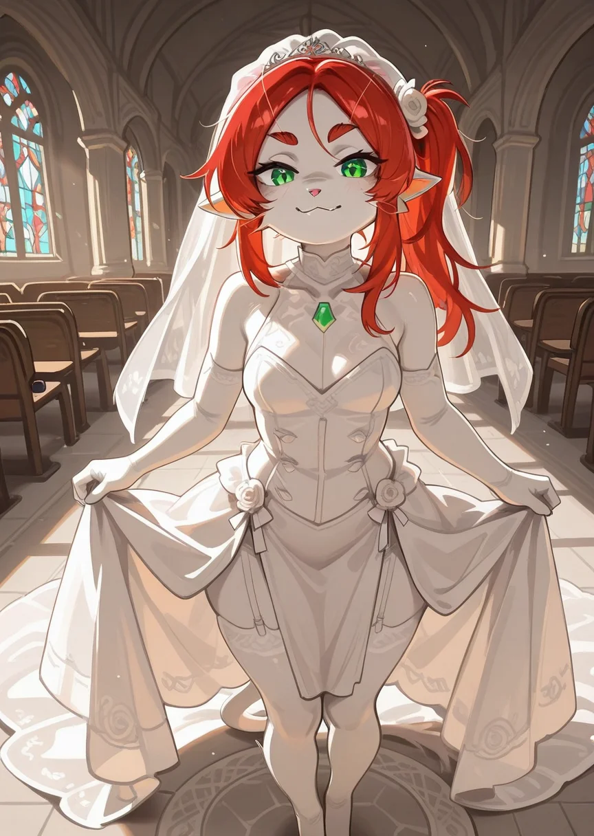 best quality, masterpiece, very aesthetic, absurdres,
Argemia, 1girl, green eyes, solo, red hair, looking at viewer, pointy ears, furry, anthro, wedding dress, wedding veil, skirt, church, standing