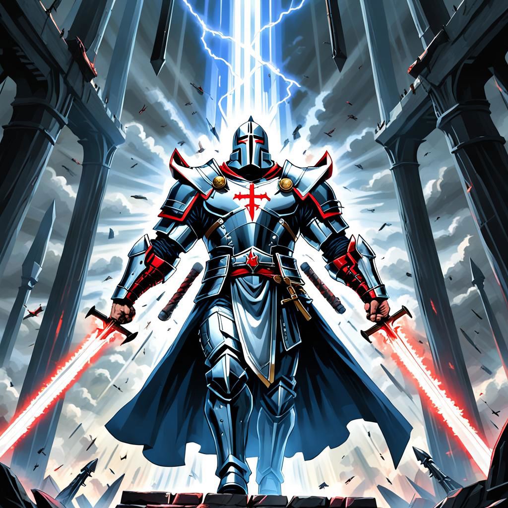 a crusader yells "deus vult" as he ascends into heaven on a beam of light as energy swords fall from the sky,scene from neon genesis crusade,sense of awe,majestic,