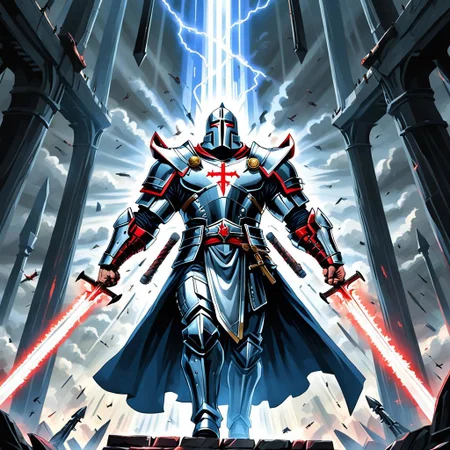 a crusader yells "deus vult" as he ascends into heaven on a beam of light as energy swords fall from the sky,scene from neon genesis crusade,sense of awe,majestic,