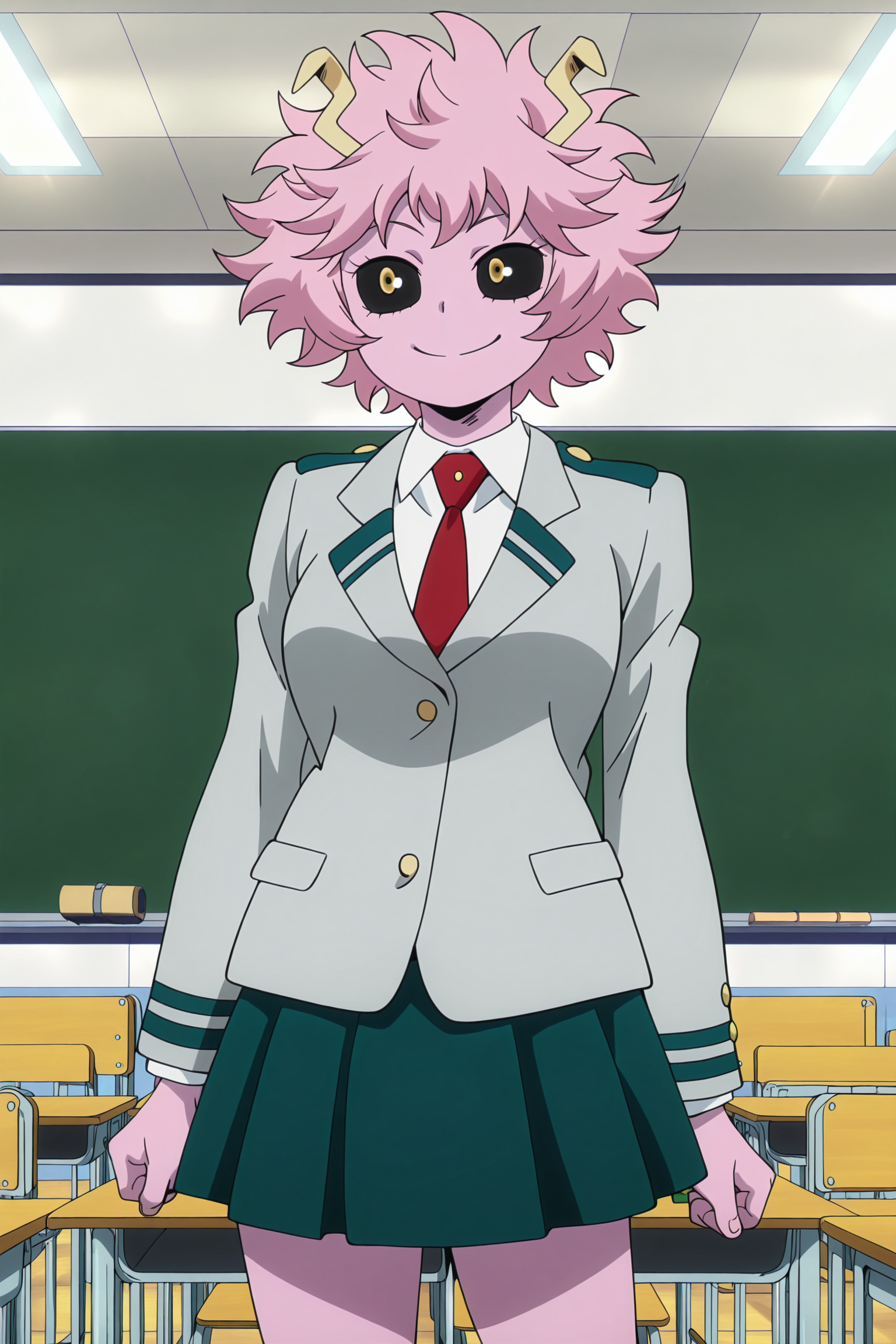 anime screencap, anime coloring, detailed face, masterpiece, best quality, very aesthetic, absurdres, volumetric lighting, official style, amazing quality, ultra detailed, highres, amazing quality, scenery, beautiful detailed hair, beautiful detailed eyes,
<lora:StS-Illustrious-Detail-Slider-v1.0:4>
indoors, in a classroom,
 <lora:Mina_Ashido_My_Hero_Academia:1>
Mina Ashido (character), u.a. school uniform, ashido mina, pink skin, black sclera, colored skin, colored sclera, school uniform, smile, necktie, yellow eyes, pink hair, skirt, green skirt, 1girl, solo, cowboy shot, hands to the side, blazer