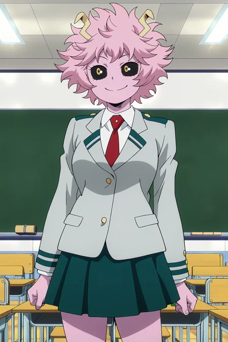 anime screencap, anime coloring, detailed face, masterpiece, best quality, very aesthetic, absurdres, volumetric lighting, official style, amazing quality, ultra detailed, highres, amazing quality, scenery, beautiful detailed hair, beautiful detailed eyes,
<lora:StS-Illustrious-Detail-Slider-v1.0:4>
indoors, in a classroom,
<lora:Mina_Ashido_My_Hero_Academia:1>
Mina Ashido (character), u.a. school uniform, ashido mina, pink skin, black sclera, colored skin, colored sclera, school uniform, smile, necktie, yellow eyes, pink hair, skirt, green skirt, 1girl, solo, cowboy shot, hands to the side, blazer